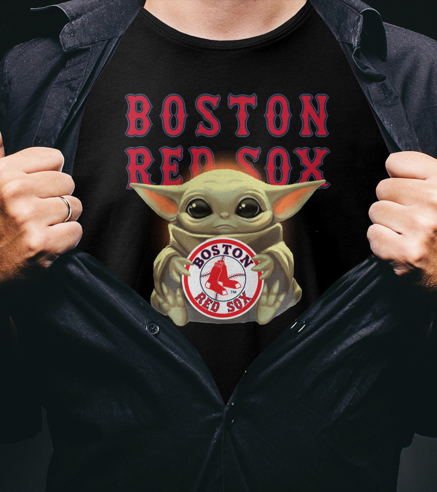 Boston Red Sox Baby Yoda Hugging Red Sox Emblem T-Shirt