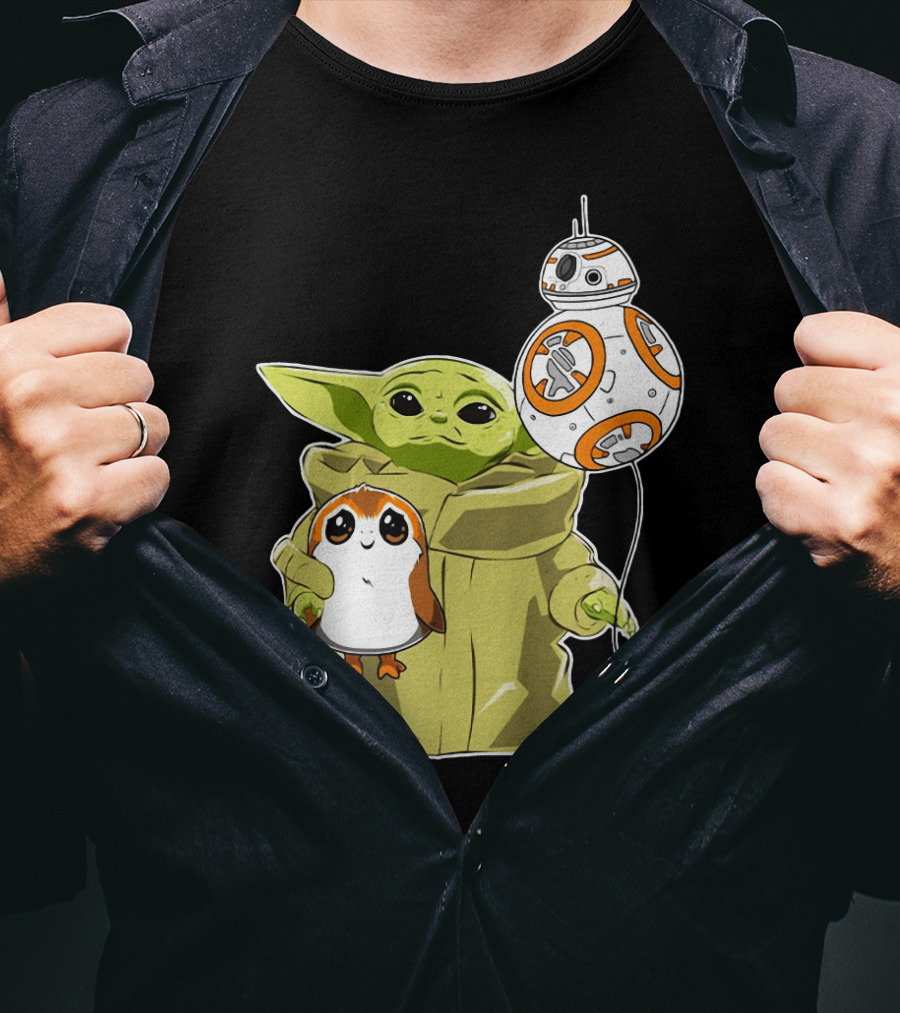 Baby Yoda Hug Sad Porg With BB-8 Balloon T-Shirt