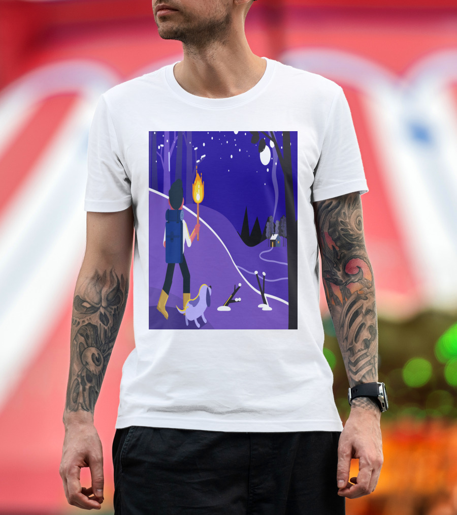 Nighttime Hiker with Backpack and Dog Under Moonlit Sky T-Shirt