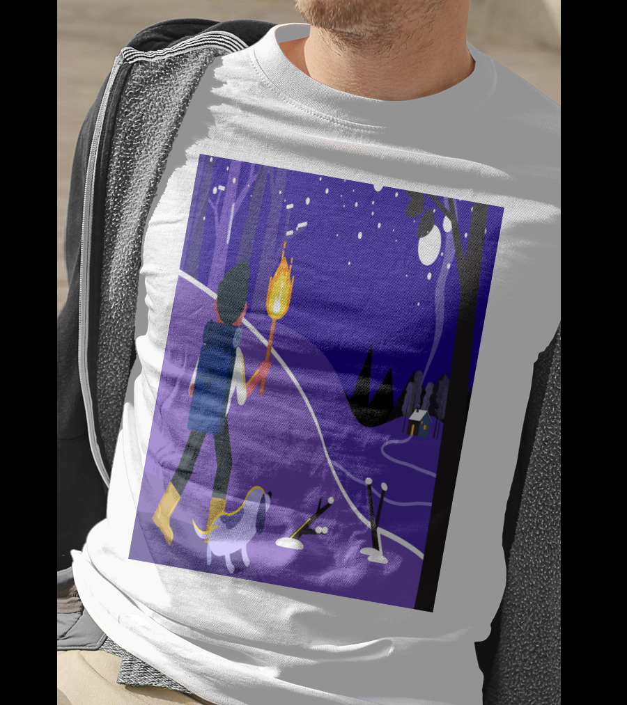 Nighttime Hiker With Backpack And Dog Under Moonlit Sky T-Shirt
