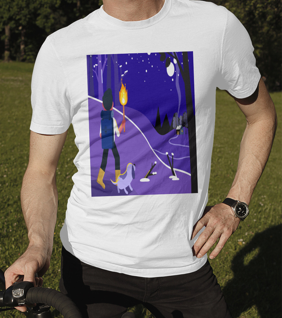 Nighttime Hiker With Backpack And Dog Under Moonlit Sky T-Shirt
