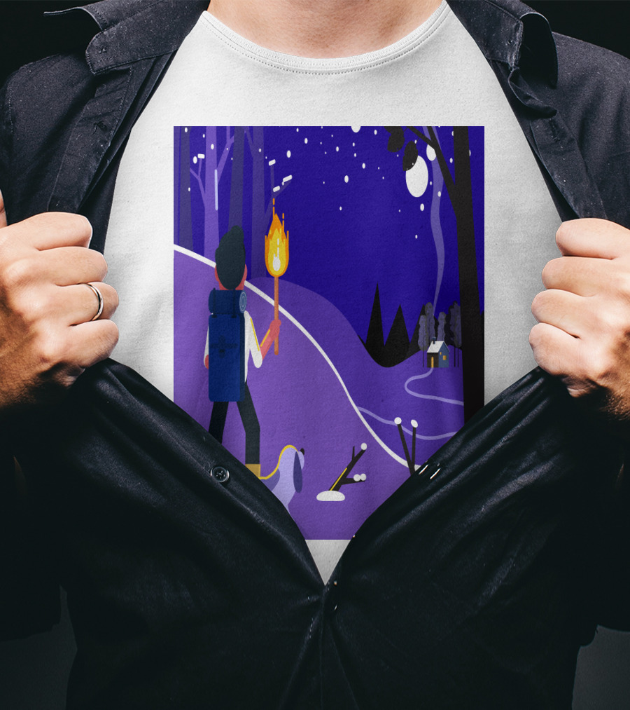 Nighttime Hiker With Backpack And Dog Under Moonlit Sky T-Shirt