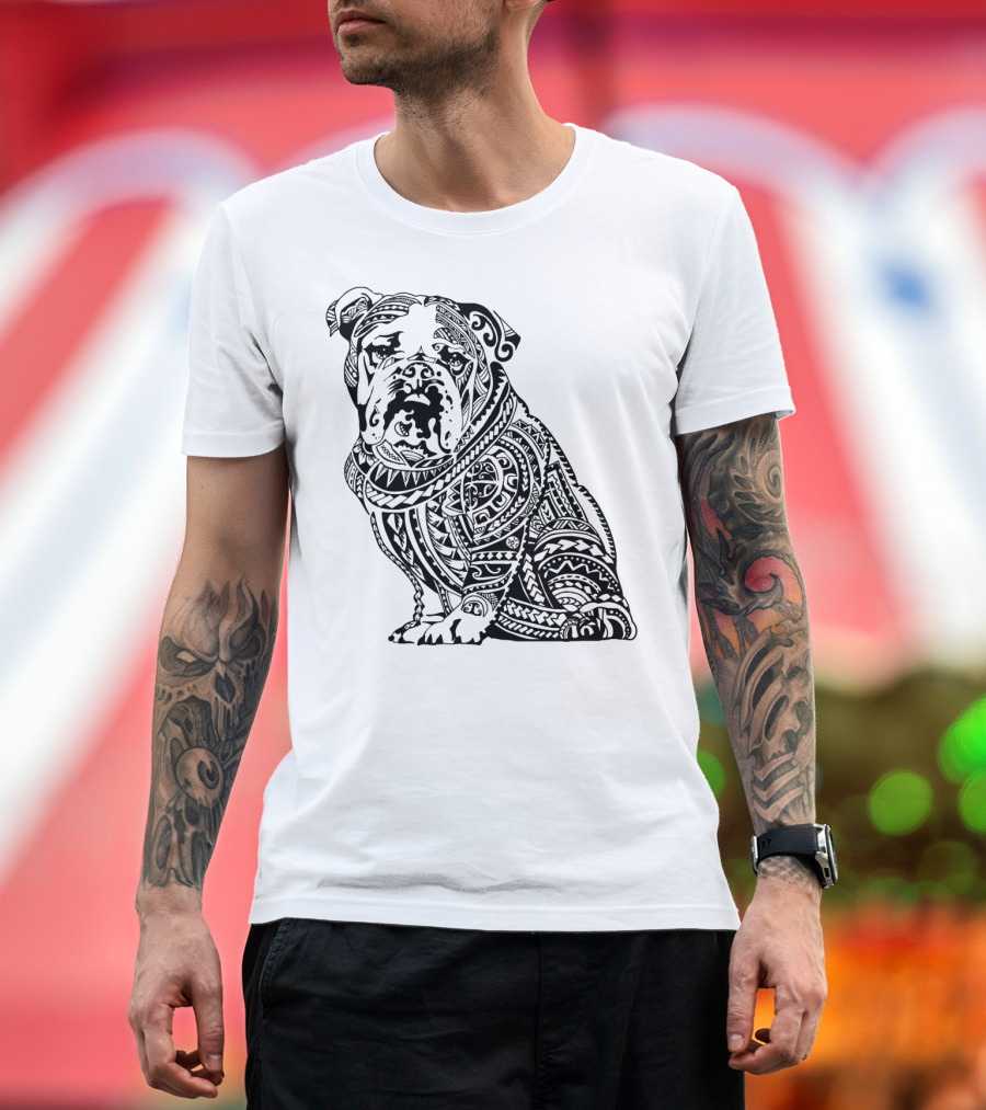 Polynesian English Bulldog Tribal Pattern Motif T-Shirt