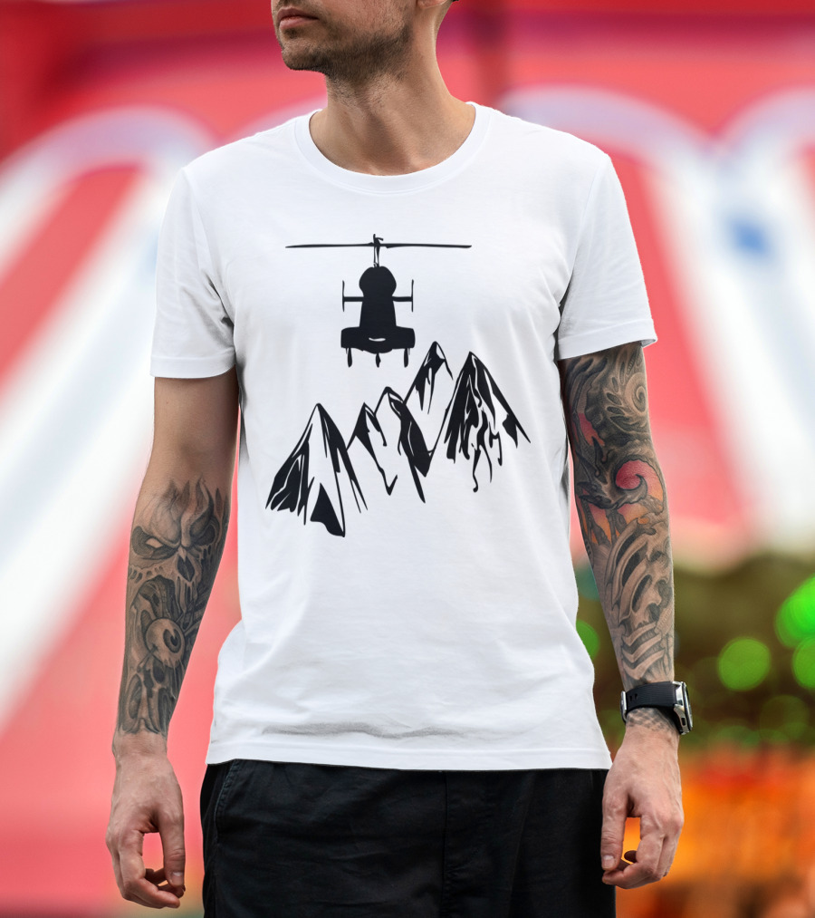Helicopter Silhouette Above Mountain Peaks T-Shirt