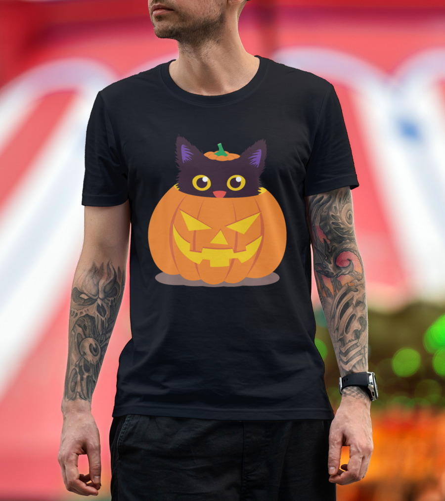 Little Kitten in a Pumpkin with Jack-O'-Lantern Face T-Shirt