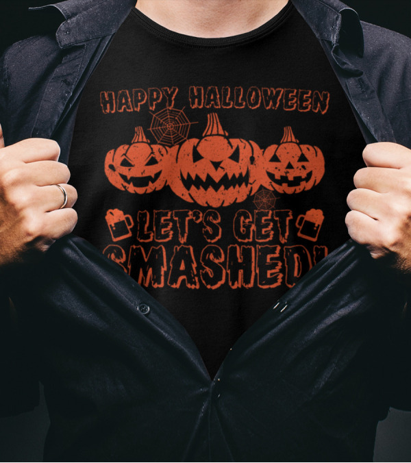 Happy Halloween Let's Get Smashed Pumpkin Trio With Spider Webs T-Shirt