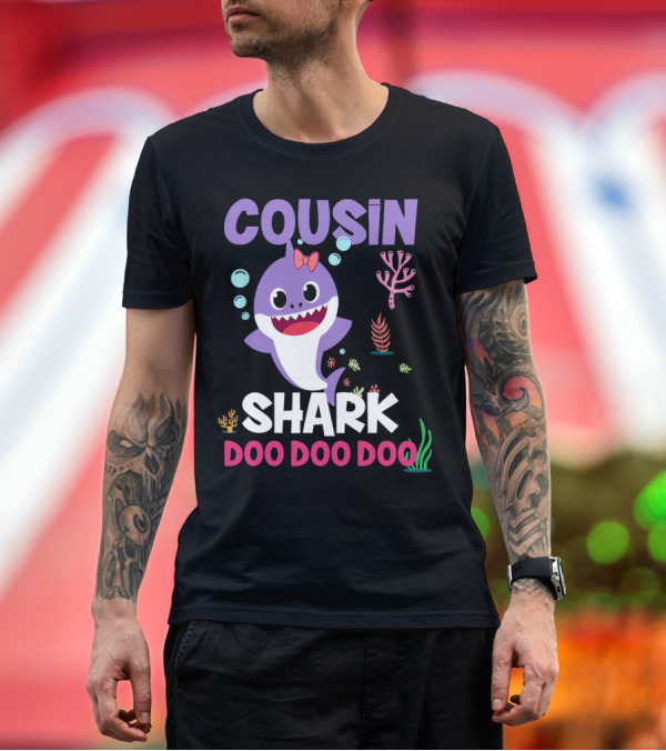 Cousin Shark Doo Doo Doo With Cute Cartoon Purple Shark And Sea Plants T-Shirt