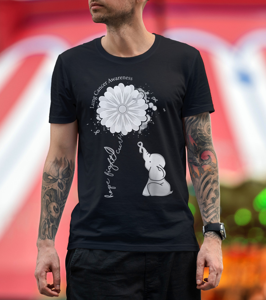 Lung Cancer Awareness Hope Fight Cure Elephant White Ribbon Flower T-Shirt