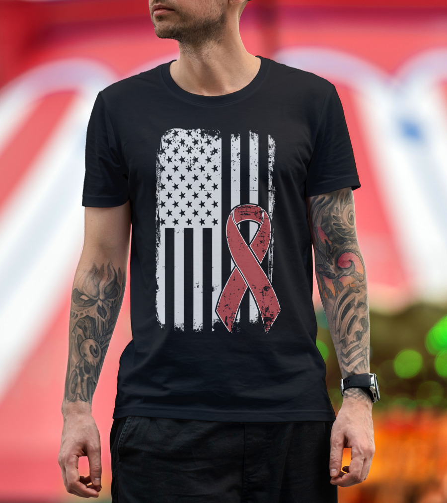 Multiple Myeloma Cancer Awareness Red Ribbon American Flag T-Shirt