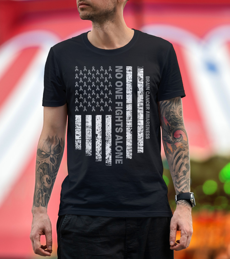 No One Fights Alone Brain Cancer Awareness USA Flag T-Shirt