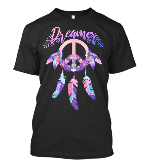 Dreamer Boho Dreamcatcher Peace Sign Floral Feathers 60s 70s Groovy T-Shirt