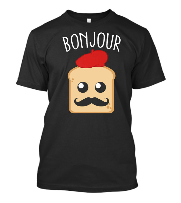 Bonjour French Bread Mustache Beret Cute Cartoon T-Shirt