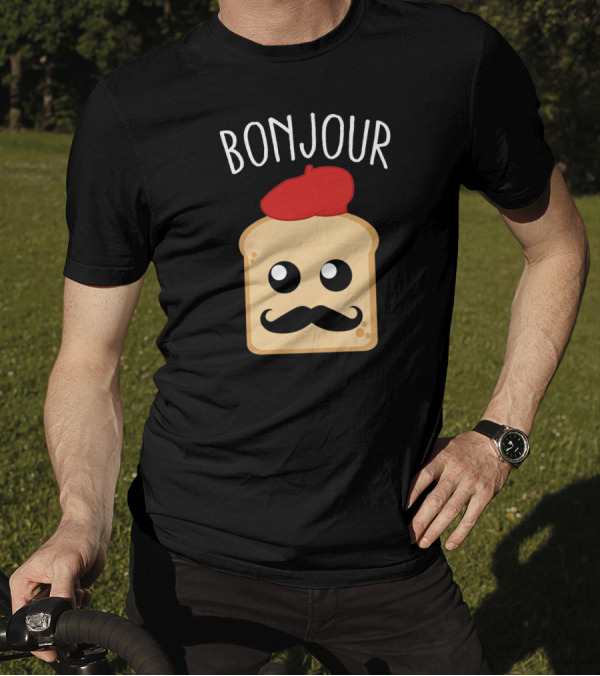 Bonjour French Bread Mustache Beret Cute Cartoon T-Shirt