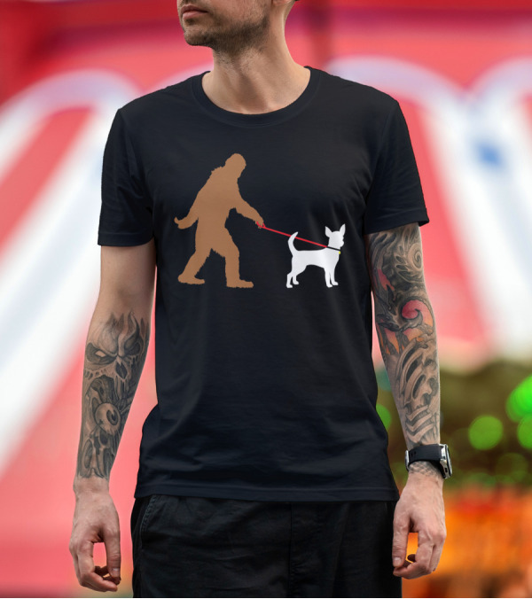 Premium T-Shirt: Bigfoot Walking Sasquatch with Chihuahua Dog on Leash T-Shirt Bigfoot Walking Sasquatch with Chihuahua Dog on Leash T-Shirt