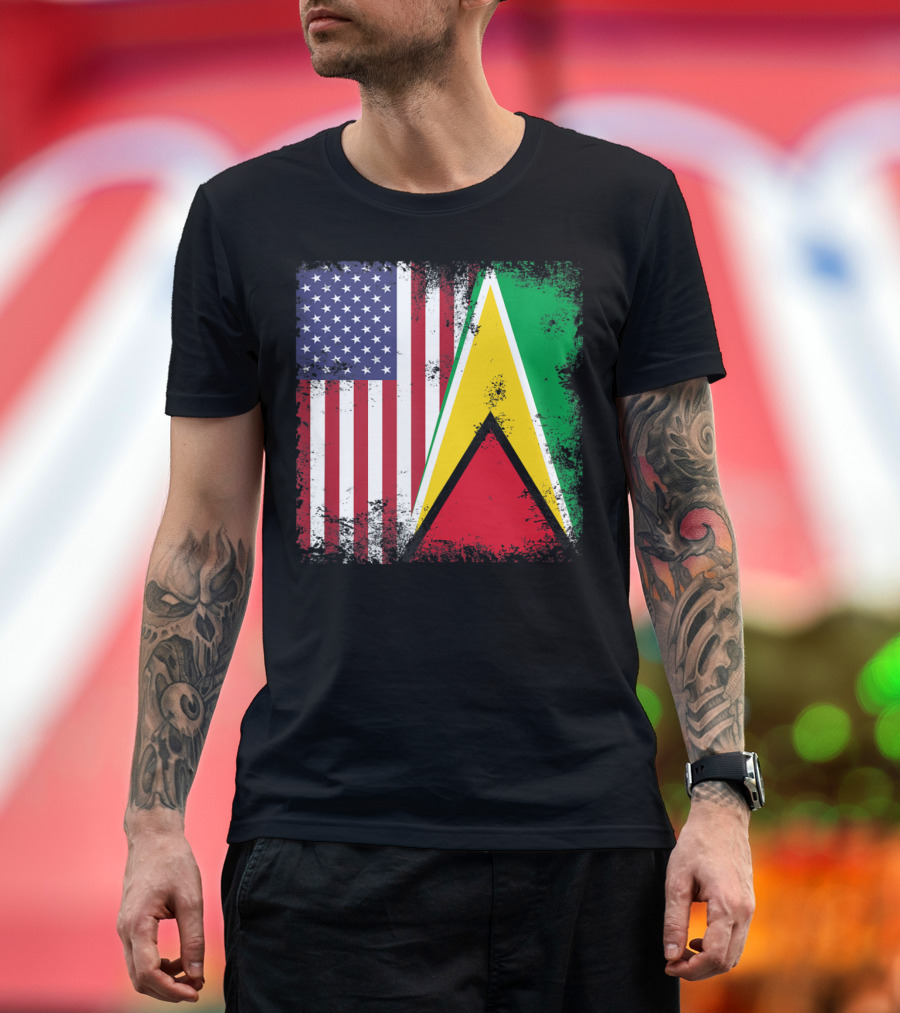 Vintage Half Guyanese Half American Flag Distressed Guyana USA T-Shirt