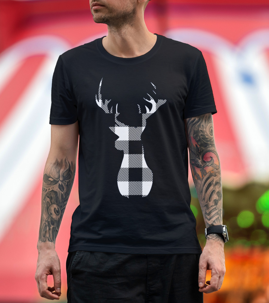 Classic White Black Christmas Buffalo Plaid Reindeer✔ T-Shirt