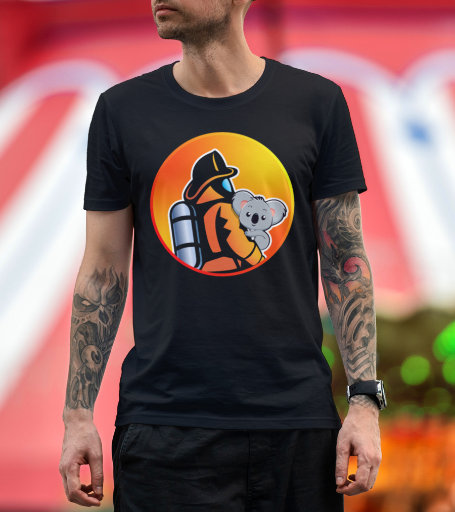 Firefighter Rescuing Koala in Sunset Background T-Shirt