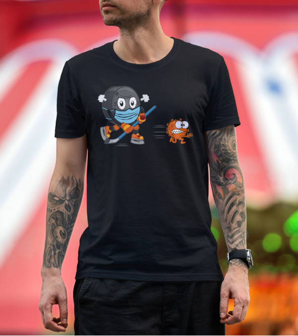 Premium T-Shirt: Hockey Masked Puck Chasing Virus Cartoon T-Shirt Hockey Masked Puck Chasing Virus Cartoon T-Shirt