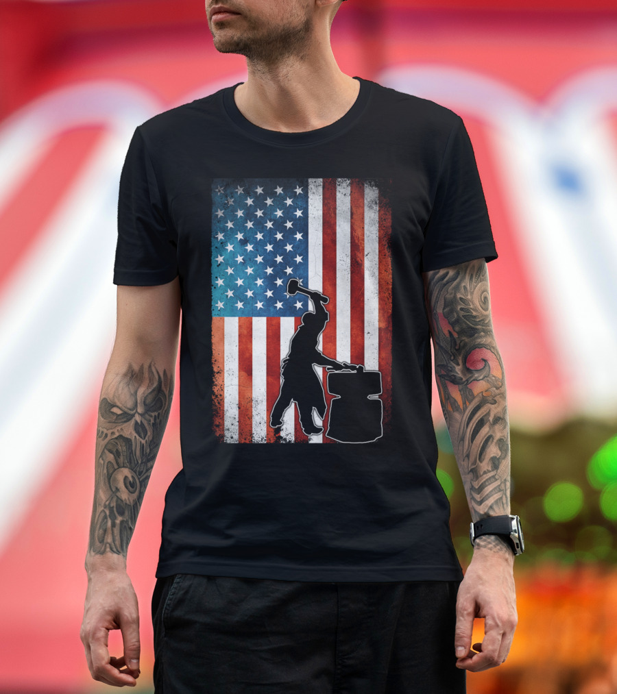 Blacksmith Silhouette on American Flag USA Patriotic T-Shirt