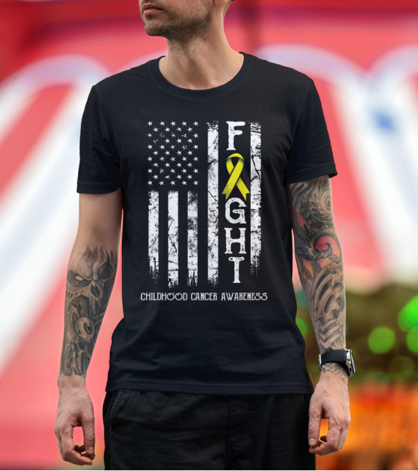 Premium T-Shirt: Fight Childhood Cancer Awareness US Flag Yellow T-Shirt Fight Childhood Cancer Awareness US Flag Yellow T-Shirt