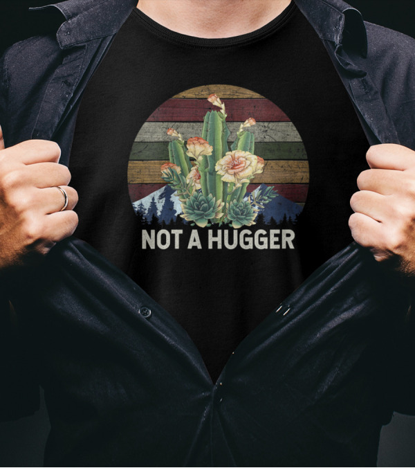 Not A Hugger Watercolor Succulent Cactus With Mountain And Retro Stripes T-Shirt