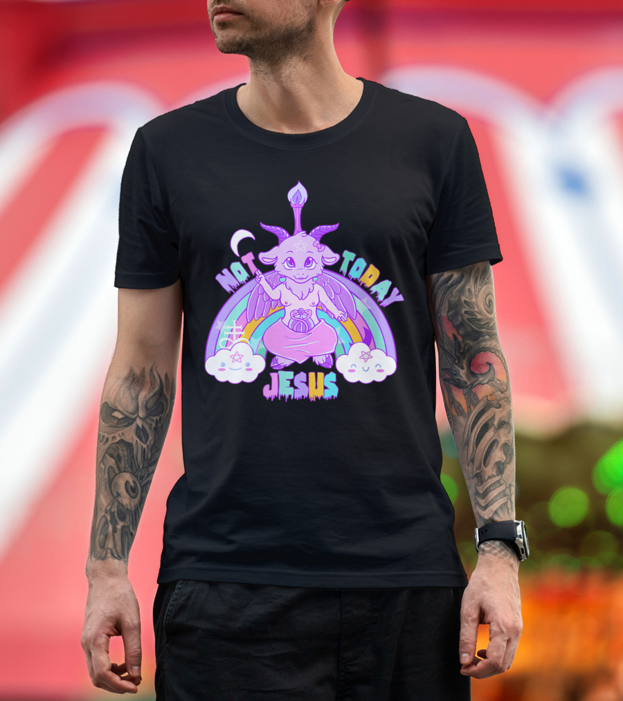 Not Today Baphomet Jesus Kawaii Cute Pastel Rainbow Clouds T-Shirt