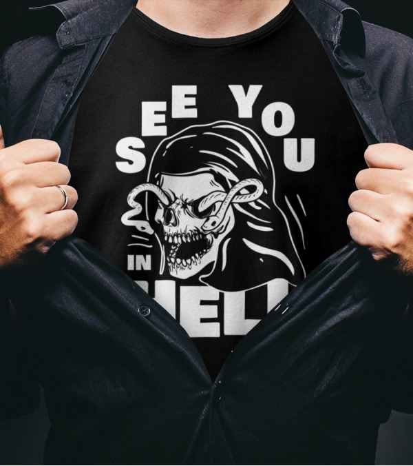 See You In Hell Grim Reaper Skull With Serpents T-Shirt