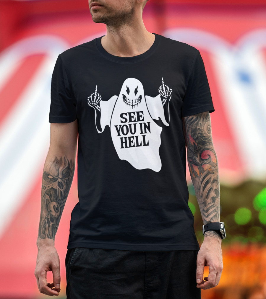 See You In Hell Ghost Middle Fingers Skeleton Hands T-Shirt