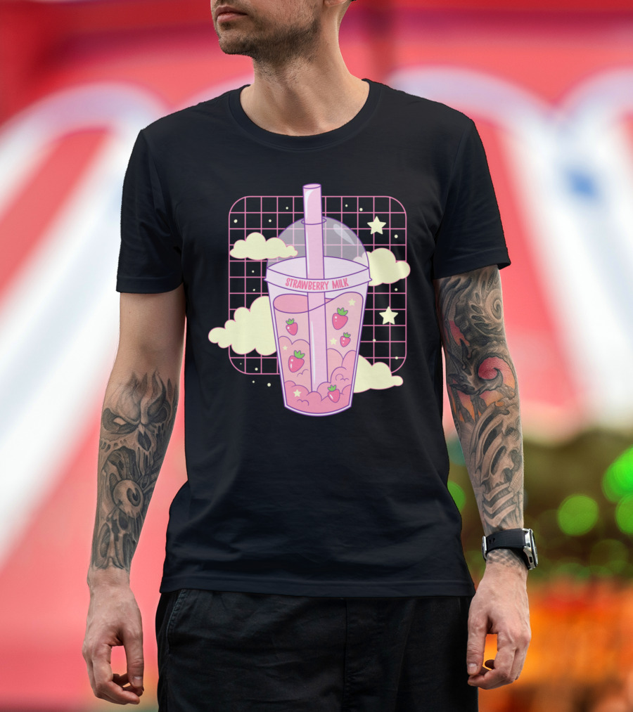 Strawberry Milk Boba Milkshake Vaporwave Aesthetic Retro Grid Clouds Stars T-Shirt