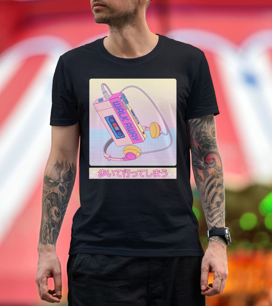 Vaporwave Walk Away Cassette Player Retro 80s Japanese Text T-Shirt