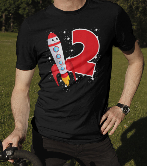 Rocket Space Ship Happy Outer Space Stars 2Nd Birthday T-Shirt