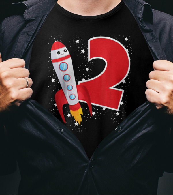 Rocket Space Ship Happy Outer Space Stars 2Nd Birthday T-Shirt