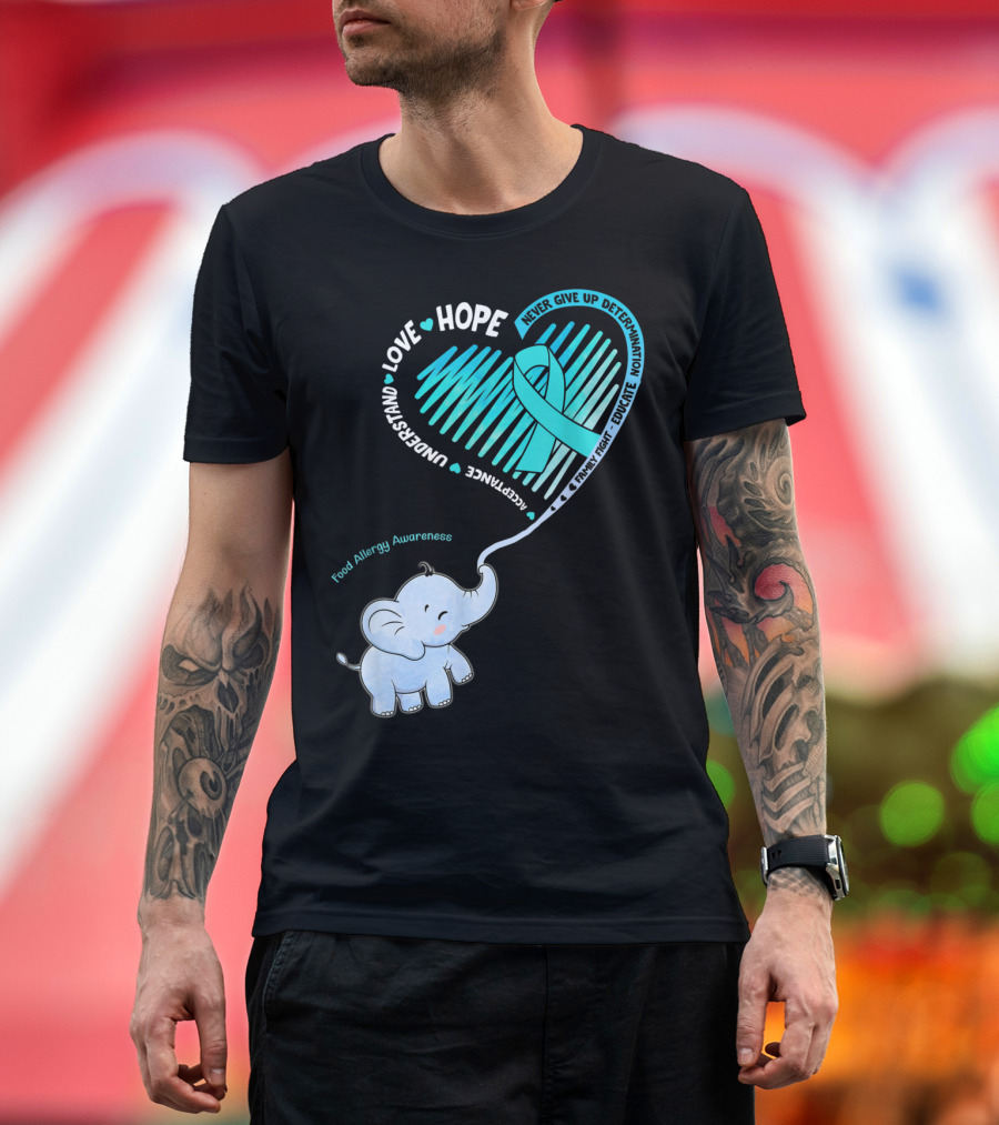 Love Hope Food Allergy Awareness Elephant Ribbon Heart T-Shirt
