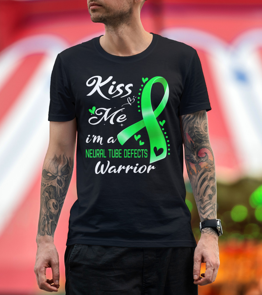 Kiss Me I'm A Neural Tube Defects Warrior Green Ribbon Hearts T-Shirt