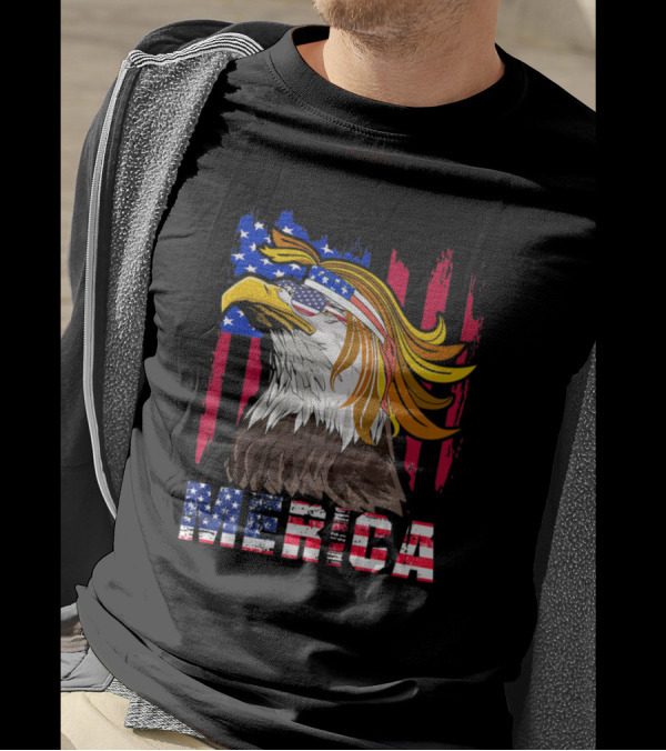 Merica 4th Of July Bald Eagle With USA Bandana And Mullet T-Shirt