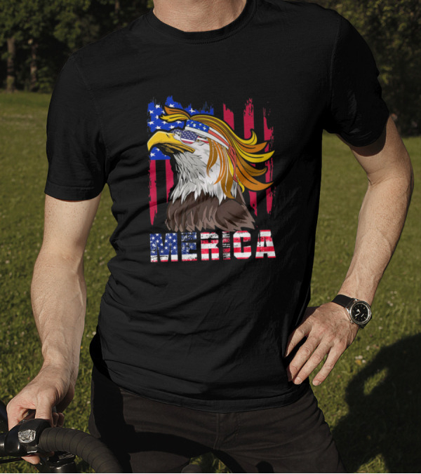 Merica 4th Of July Bald Eagle With USA Bandana And Mullet T-Shirt