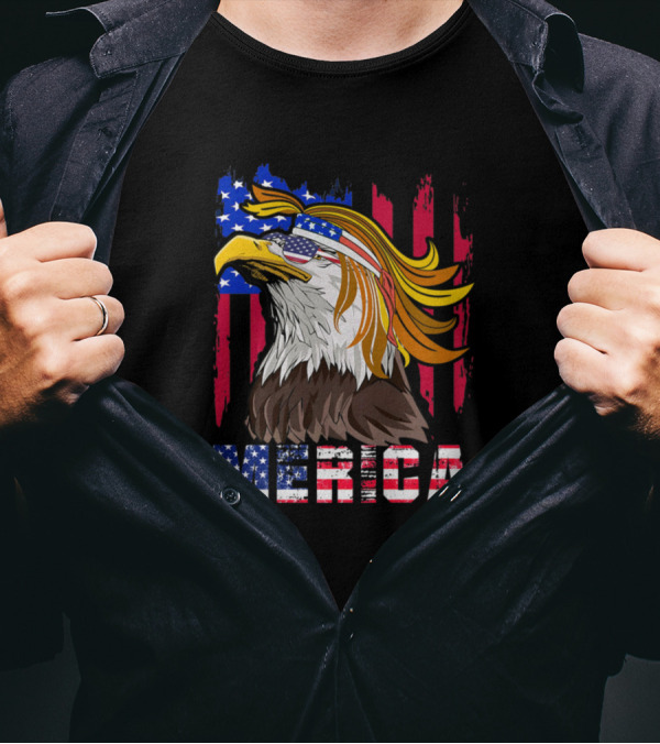 Merica 4th Of July Bald Eagle With USA Bandana And Mullet T-Shirt