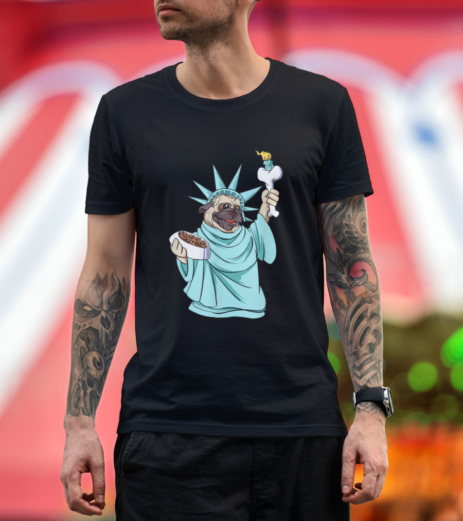 Pug Statue Of Liberty Funny 4th Of July Independence Day Dog Holding Food and Bone Torch T-Shirt