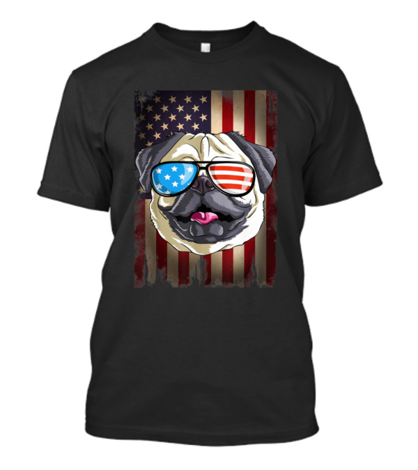 Pug With American Flag Sunglasses On 4th Of July Flag T-Shirt