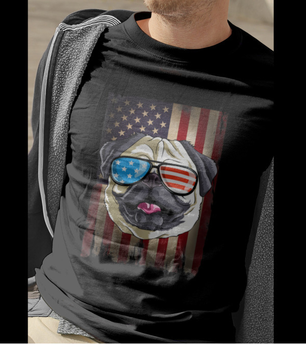 Pug With American Flag Sunglasses On 4th Of July Flag T-Shirt