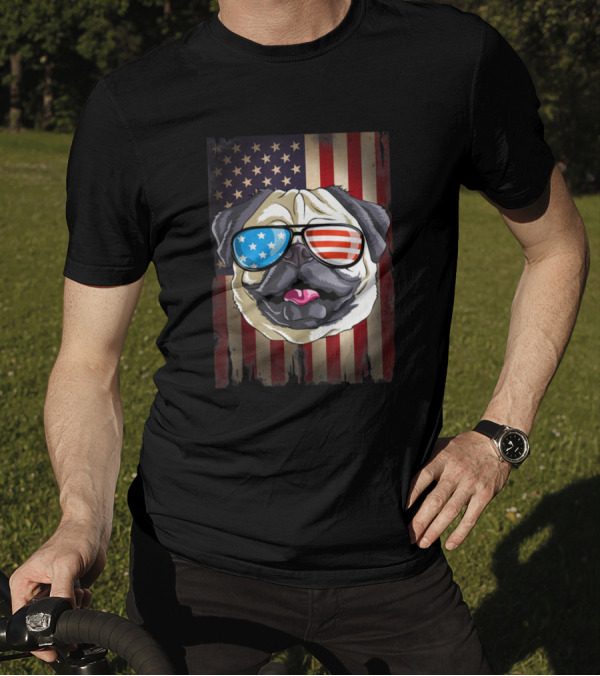 Pug With American Flag Sunglasses On 4th Of July Flag T-Shirt