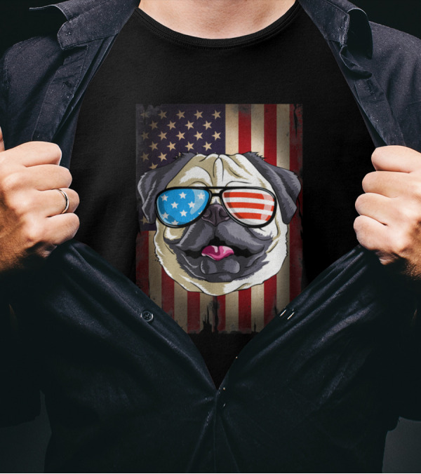 Pug With American Flag Sunglasses On 4th Of July Flag T-Shirt