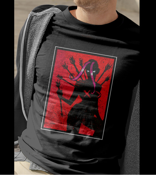 Demoness Demoness By In Goad We Trust Red Six-Armed Shadow Silhouette With Pink And Purple Tentacles On Black T-Shirt