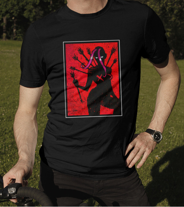 Demoness Demoness By In Goad We Trust Red Six-Armed Shadow Silhouette With Pink And Purple Tentacles On Black T-Shirt