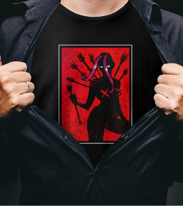 Demoness Demoness By In Goad We Trust Red Six-Armed Shadow Silhouette With Pink And Purple Tentacles On Black T-Shirt
