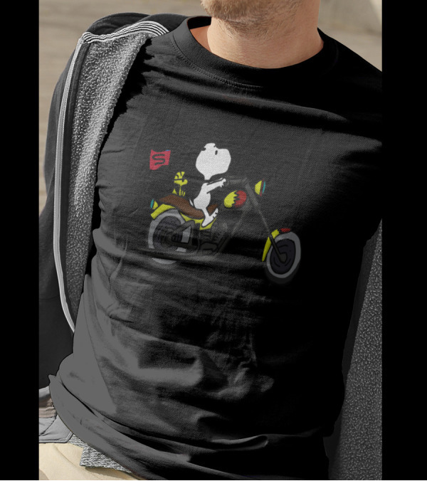 Snoopy Riding Motorcycle With Woodstock On Flag T-Shirt