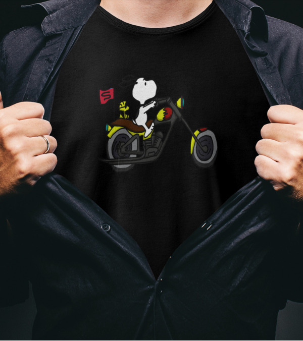 Snoopy Riding Motorcycle With Woodstock On Flag T-Shirt