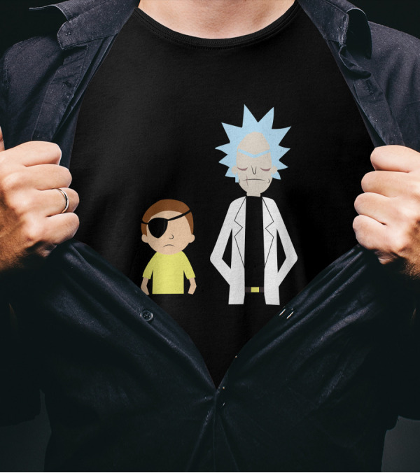 Evil Rick And Morty Characters From Rick And Morty With Eye Patch Morty And Lab Coat Rick T-Shirt