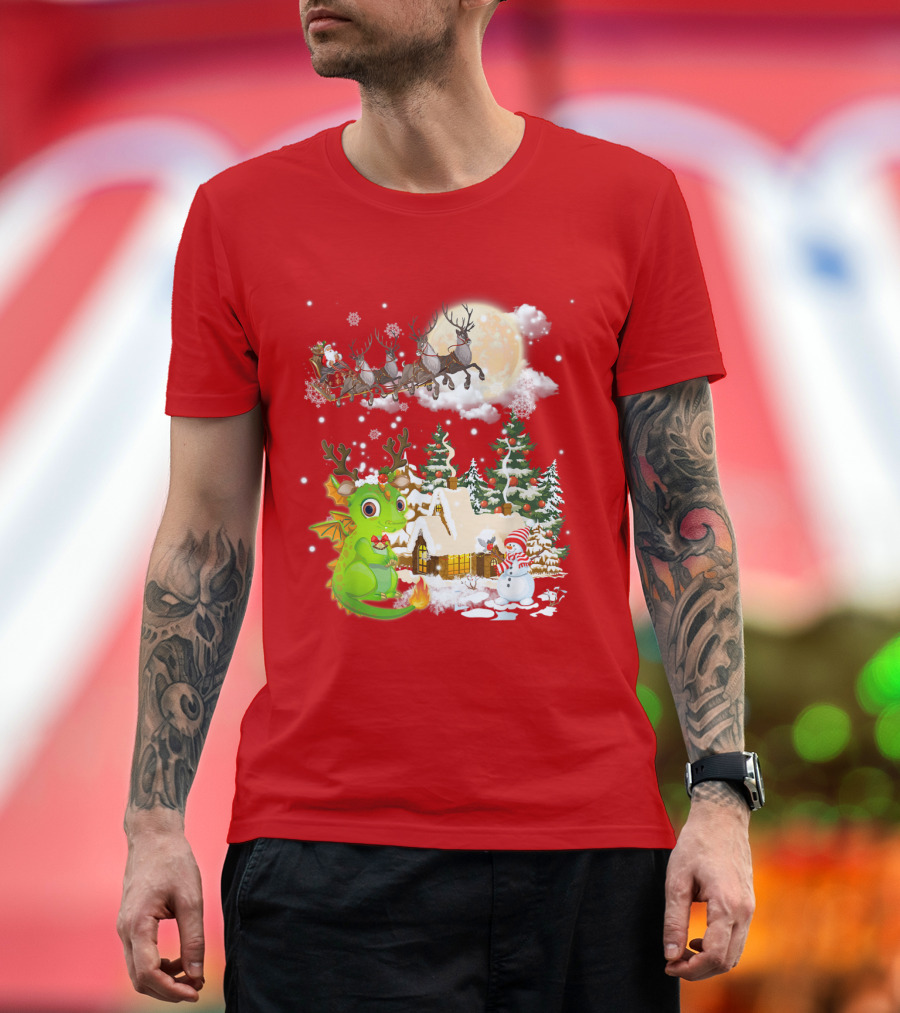 Santa's Sleigh Ride Over Snowy Village With Festive Dragon T-Shirt