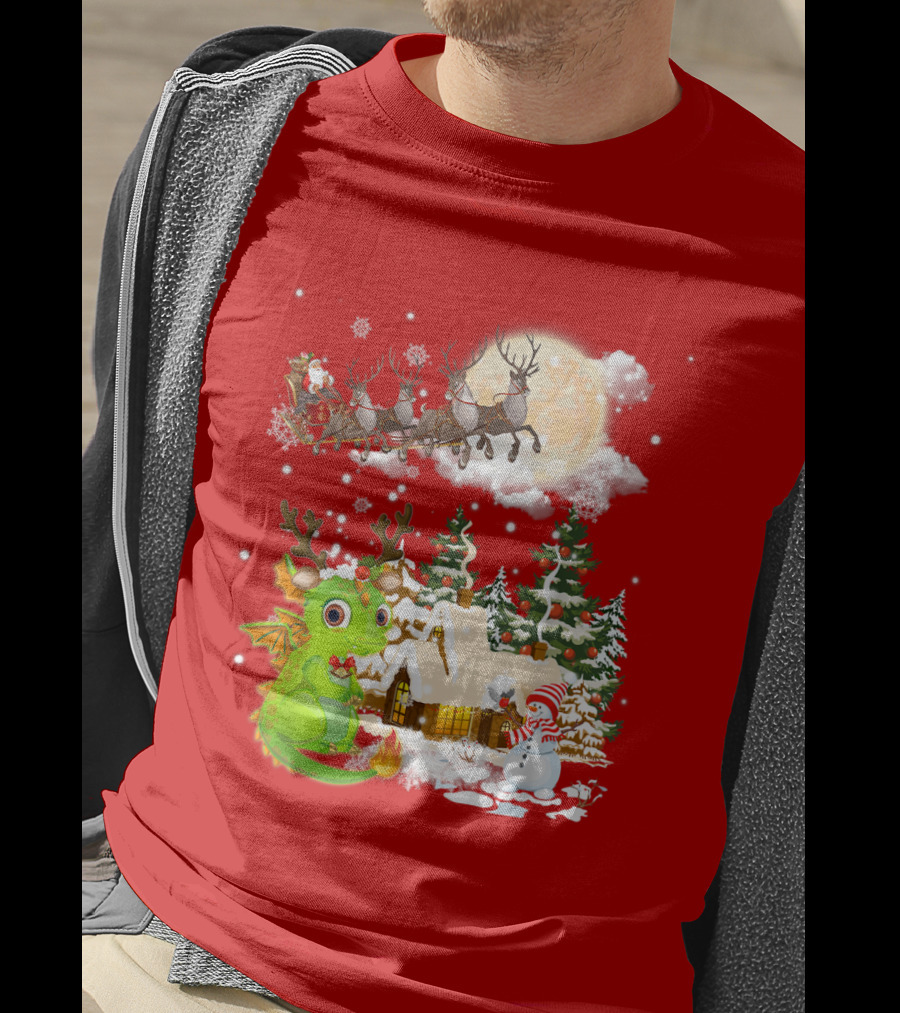 Santa's Sleigh Ride Over Snowy Village With Festive Dragon T-Shirt